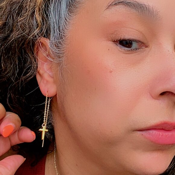Gold Cross Threader Earrings - Picture 4 of 4